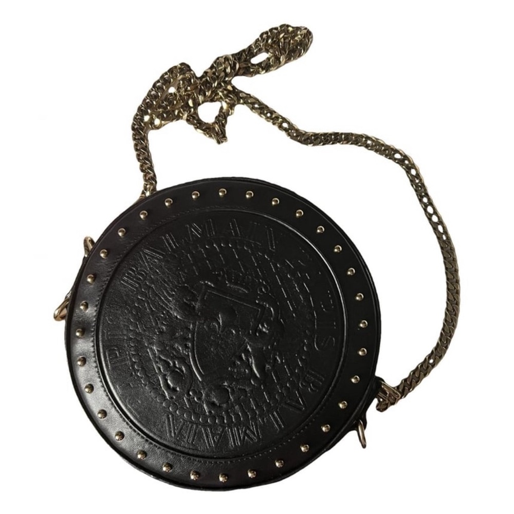 Balmain round black leather with gold chain strap and gold detailing.